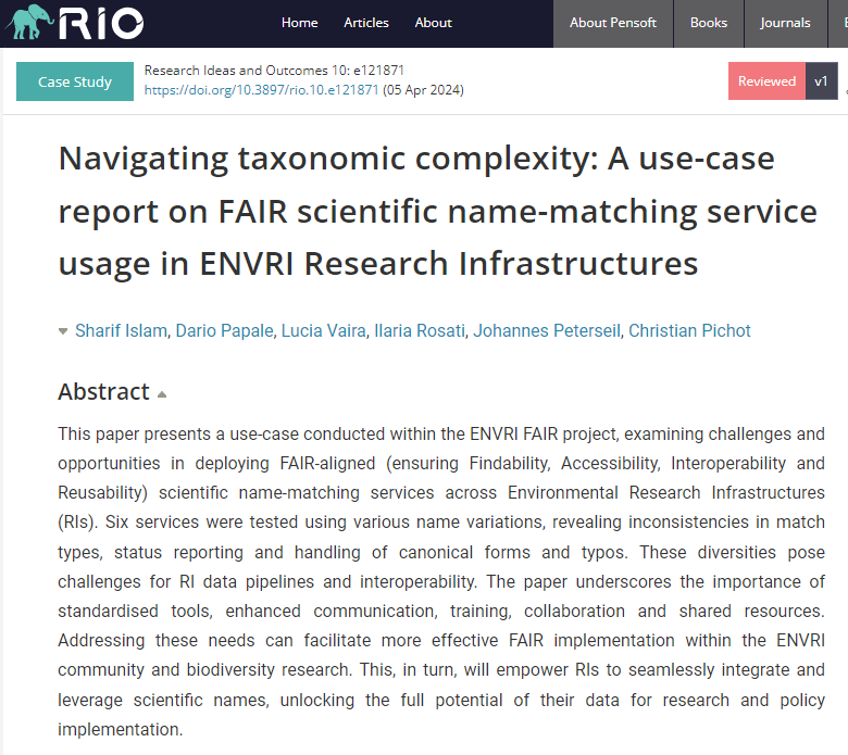 🆕Several #FAIR-aligned #scientific name-matching services across #Environmental Research Infrastructures tested using various name variations. 👉Case study: doi.org/10.3897/rio.10… by @gnu111 et al.➕post-pub review by @idbdeb. #ENVRIFAIR #Taxonomy #FAIRdata @LifeWatchERIC