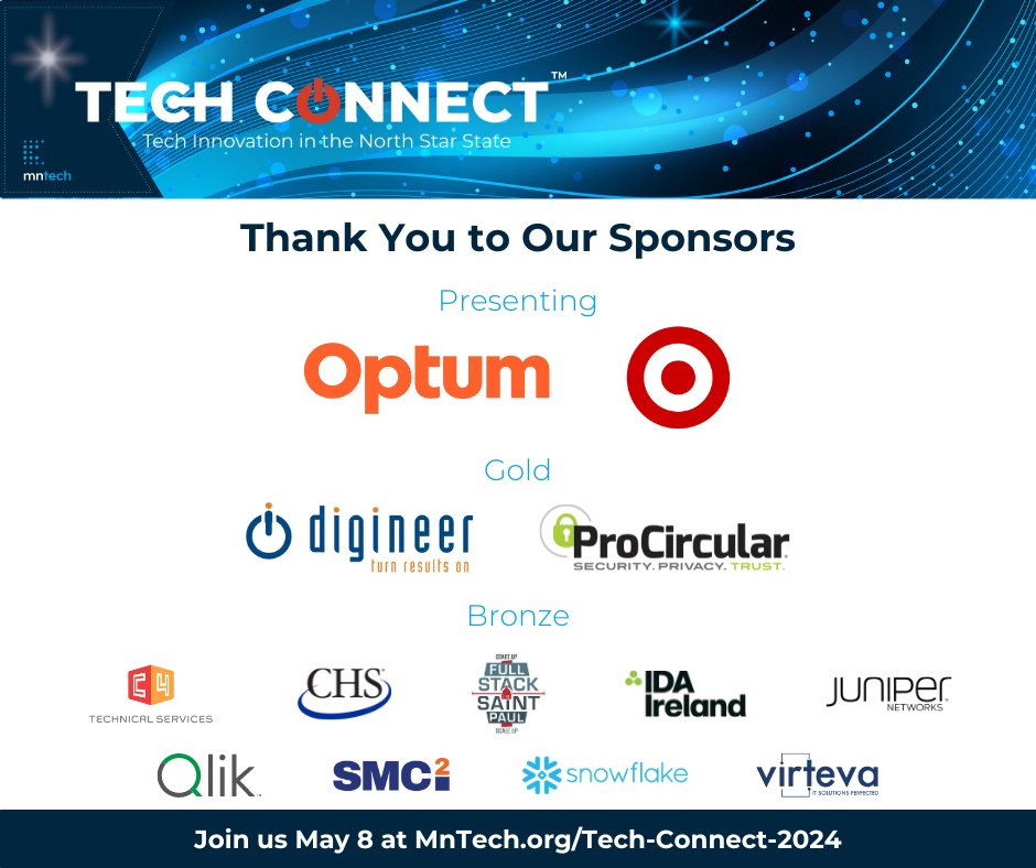 mntechassoc's tweet image. #TechConnect2024 is less than a month away! Our sponsors make this engaging &amp;amp; insightful event possible. Join us May 8 to learn from dozens of speakers from MN&apos;s tech community sharing how they are leveraging the latest technology: mntech.org/tech-connect-2…