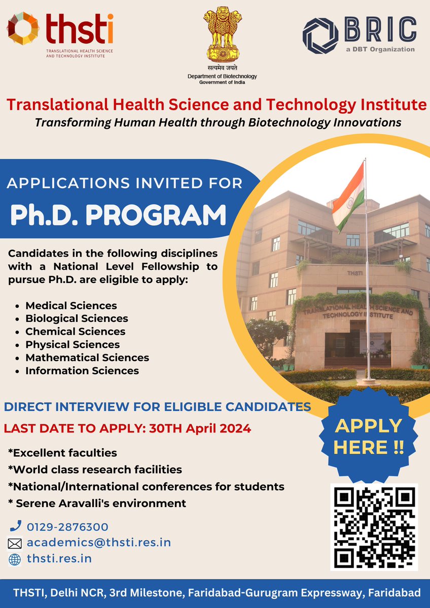 The PhD program in translational healthcare research @THSTIFaridabad is accepting applications! If you're driven to bridge the gap between science & healthcare, this is for YOU. 🔗thsti.res.in/public/upload/… Apply by April 30th, 2024. @DBTIndia @rajesh_gokhale @drkarthik2010