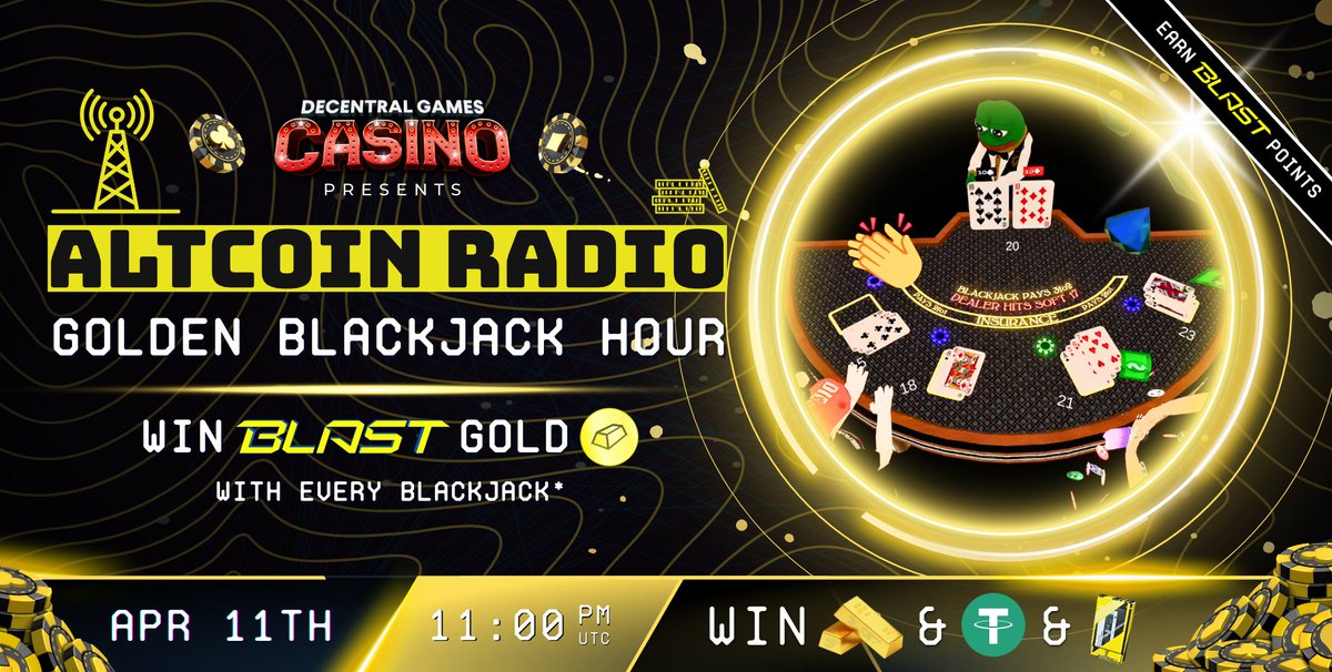 GOLDEN BJ🤯 Win #BlastGold when you hit blackjack during event 5 Raffles: 20 Bonus USDT+5 Blast Gold @Jarod40020 and i Interview a surprise guest on stream👀 See you at the tables with @DecentralGames Blast Gold Prizes require deposit of 500 euro on #Blast_L2 in Casino