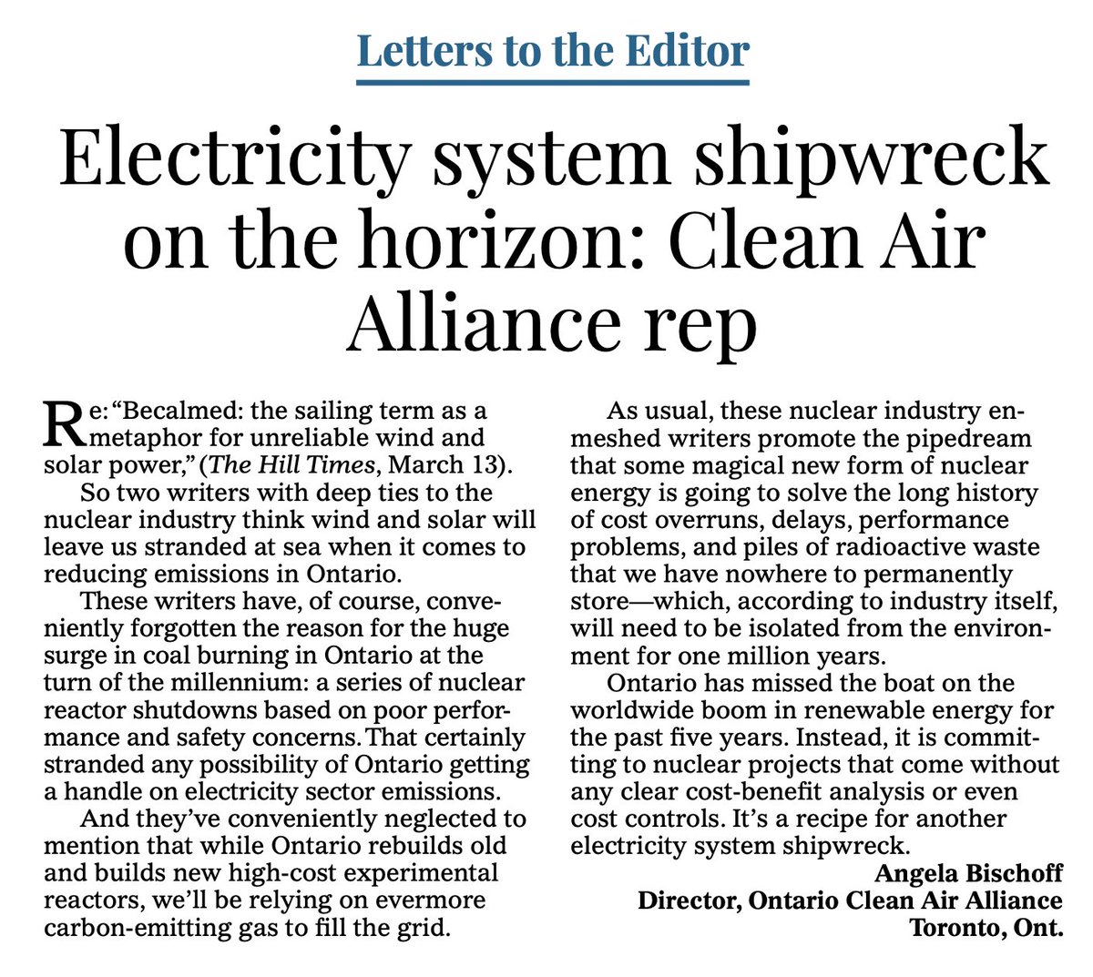 My letter to the editor of @TheHillTimes describes #Ontario's love for #nuclear + gas as a doomed #electricity plan - high cost and high emission. It's time to #TripleWindAndSolar in line with federal commitments made at #COP28 #phaseoutgas #onpoli #cdnpoli