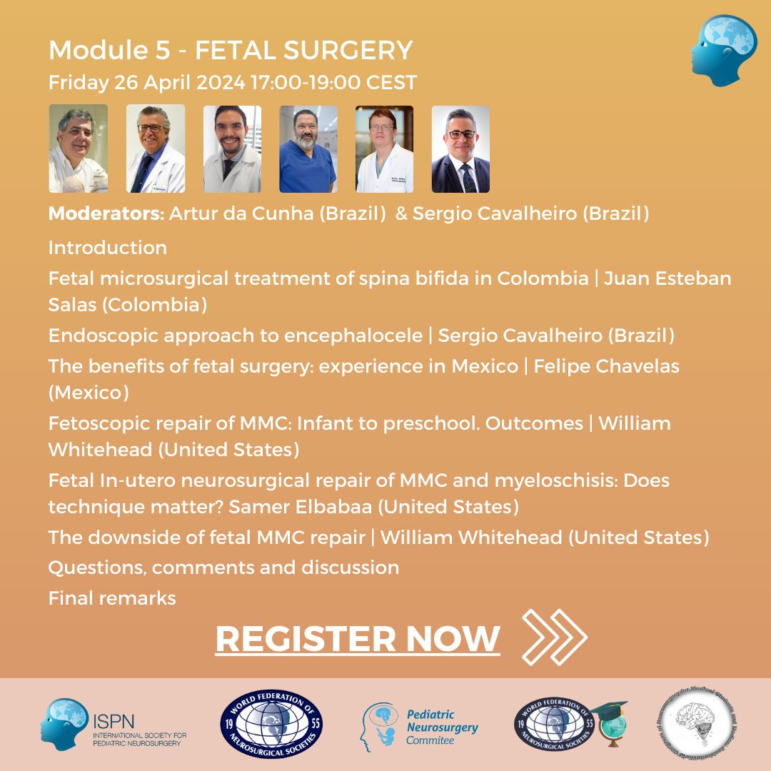 Registration is now open for the next module of our ISPN Young doctors webinar series! 🧠 Fetal surgery 🗓️Friday 26 April 17:00-19:00CEST 🔷bit.ly/3JjSjk9 #YoungISPN #PedNSGY #FetalSurgery #education