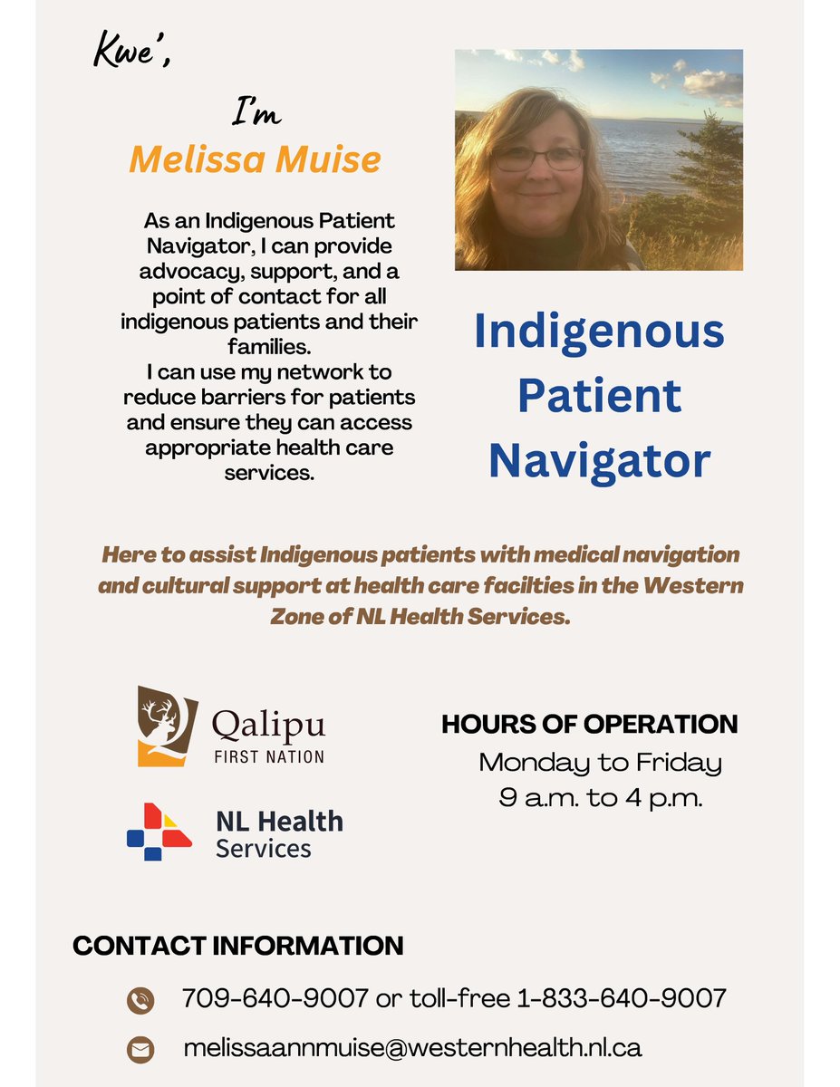 Think of Melissa as someone in your corner who can help you access services and better understand what's going on when it comes to your health care. Call Melissa at 709-640-9007