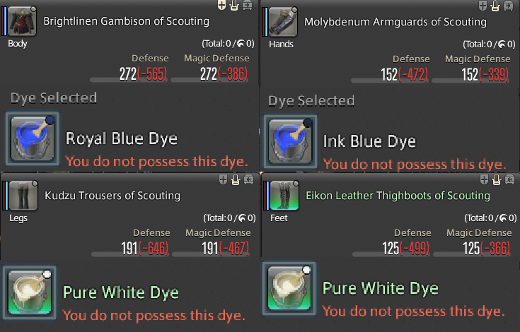 If you'd like a free option for Alphinaud's outfit it is available in FFXIV as craftables. You won't get the exact same look from dying but you can get close. 

Another thing to keep in mind is each of the existing items are only all wearable together on a Scouting class.