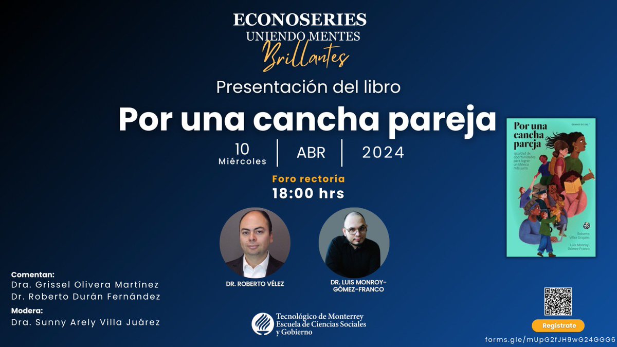 Hoy miércoles a las 6pm estaré con @MGF91 en el @TecdeMonterrey en Monterrey para presentar «Por una cancha pareja». Agradezco a @DrBobDuran por la invitación, a él y a @grissel_olivera por fungir como comentaristas y a @SUNNYARELY por moderar la mesa. Allá nos vemos.