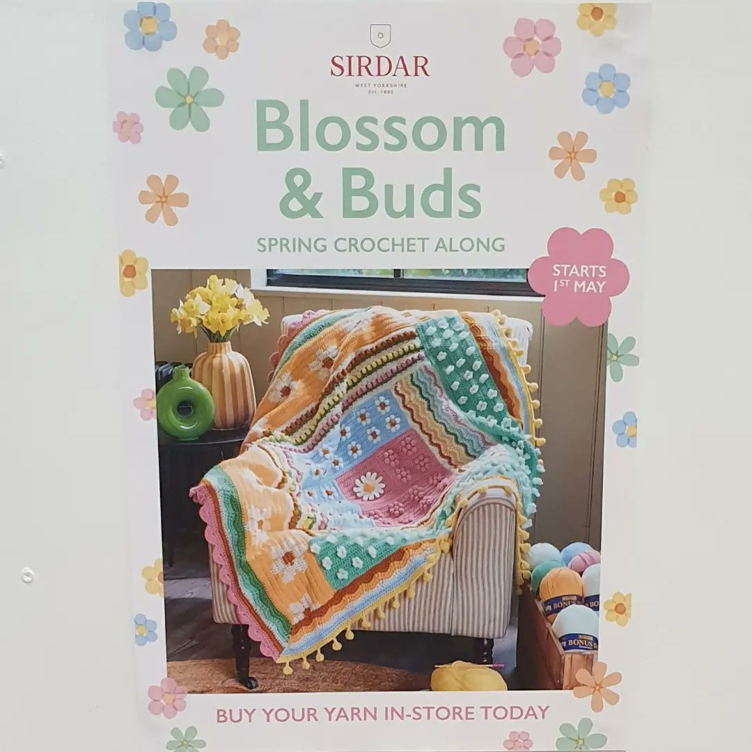 Blossom and Buds Crochet Along packs now available in the shop 😀 Don't miss out on this gorgeous Spring blanket design by Sirdar. nimblethimbles.co.uk #NimbleThimblesSwindon #wiltshire #crochetalong #blossomandbuds #Sirdar #spring