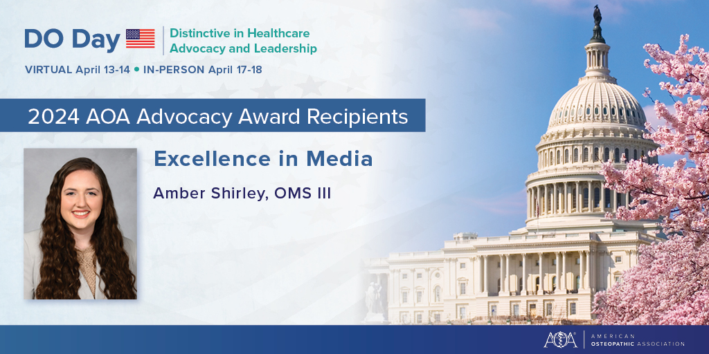Congratulations to the 2024 AOA Advocacy Award recipient, Amber Shirley, OMS III, who will be honored on Wednesday, April 17 during the DO Day in-person conference. Register today to participate in the virtual conference! 
bit.ly/2RFDejN
#DOProud #DODay24 
@amberkaits