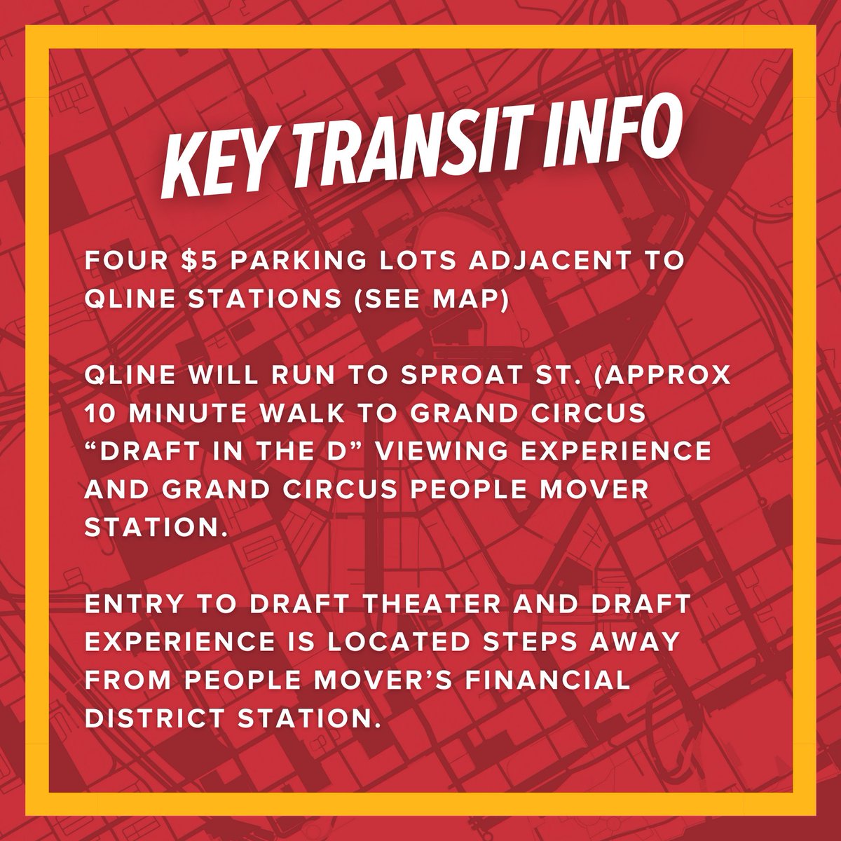 Gear up, Detroit! The NFL Draft is around the corner and we're here to make sure you catch every play of the action.

QLINE Info: From April 20th to April 28th, the QLINE will run a shortened route up to Sproat St. Station to accommodate the draft festivities.
