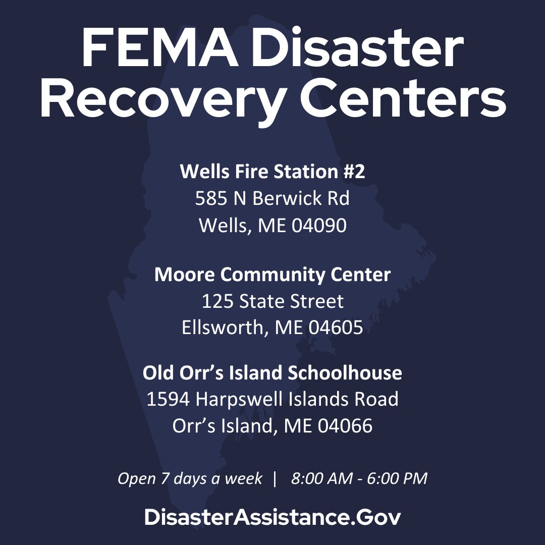 In addition to the York and Hancock County @FEMA centers, another just opened in Cumberland County. If you were impacted by the January 2024 storms and need assistance: ☎️Call 1-800-621-3362 🖥️Visit DisasterAssistance.gov 💬 Get help in-person at a Disaster Recovery Center