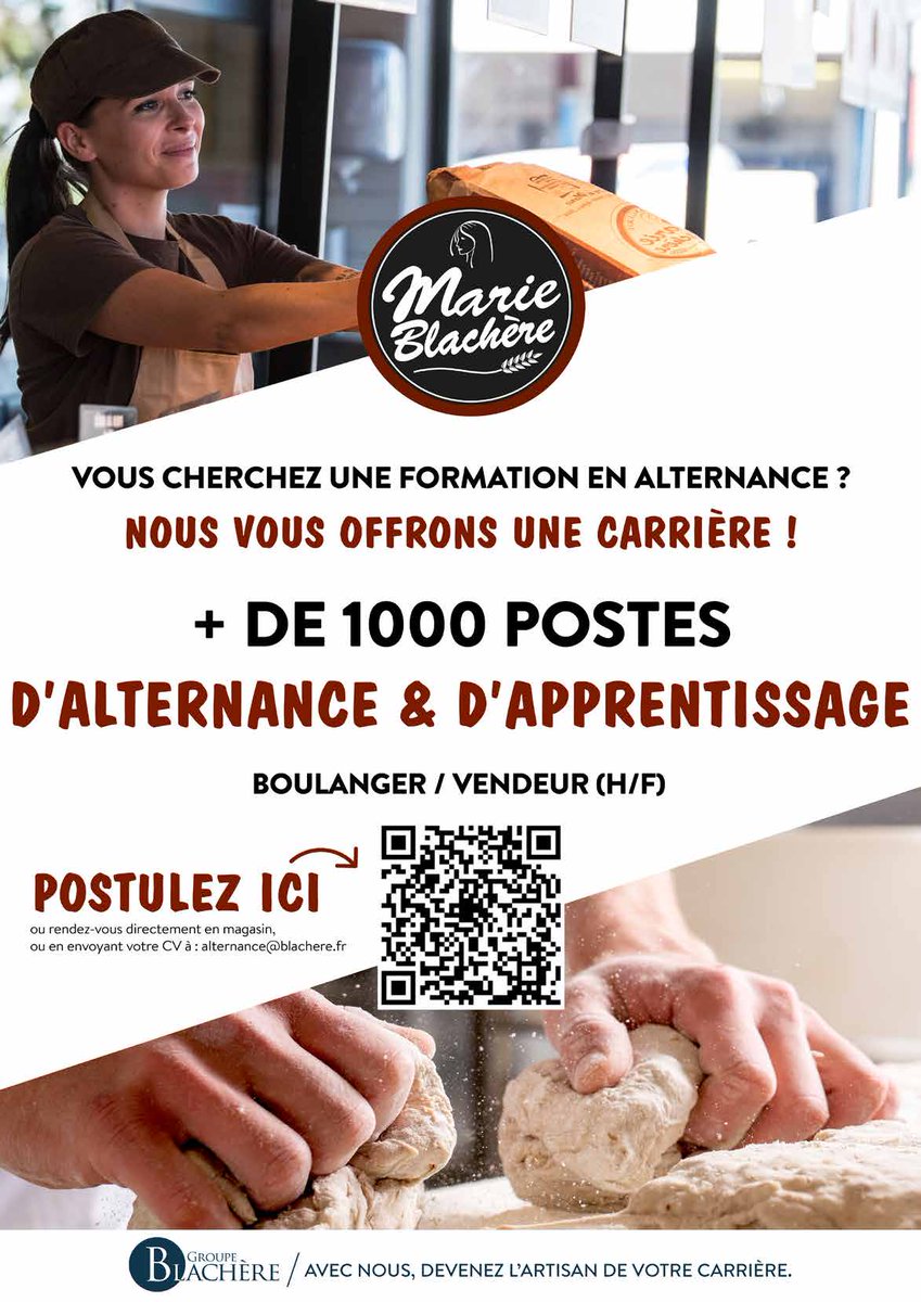 📢Marie Blachère propose à travers son réseau national en France. Plus de 1000 postes en alternance/apprentissage.
L’objectif étant d’accueillir au minimum 1 alternant par magasin!!