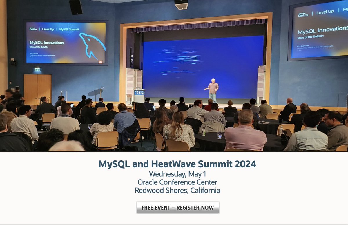 [MySQL and HeatWave Summit] May, 1, 2024. Redwood shores, California. See full agenda: social.ora.cl/6012wiYpp Discover the latest MySQL and HeatWave capabilities in GenAI, Machine Learning, Lakehouse, Analytics, OLAP & OLTP! #MySQL #MySQLHeatWave #GenerativeAI #MachineLearning