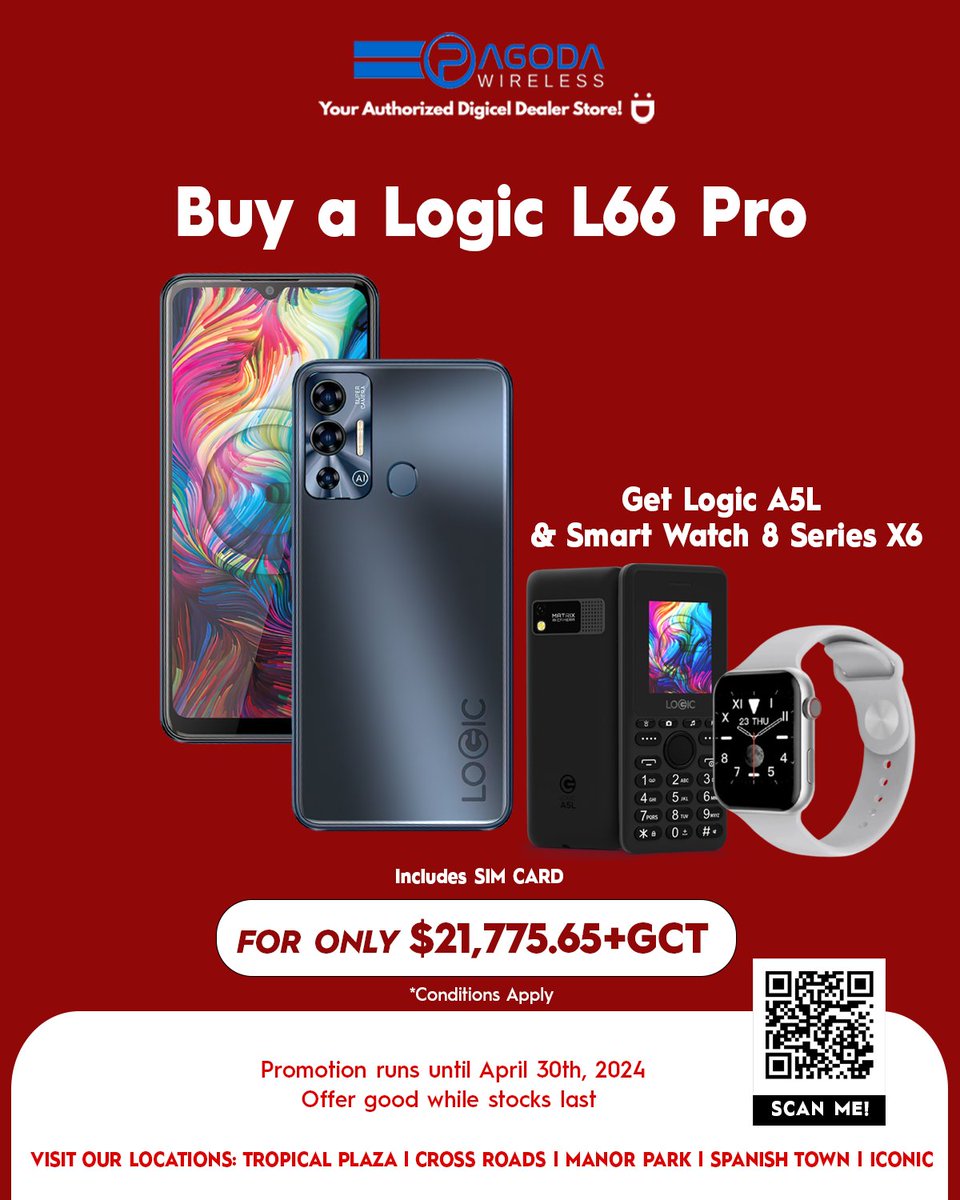 pagodawireless's tweet image. Grab the Logic L66 Pro and get a Logic A5L, Smart Watch &amp;amp; SIM card! 📱✨

For only $21,775.65+GCT

Promotion runs until April 30th 2024
Offer good while stocks last, so get yours now!

#TreatYourself #TechUpgrade #LogicDevices #SmartWatch
