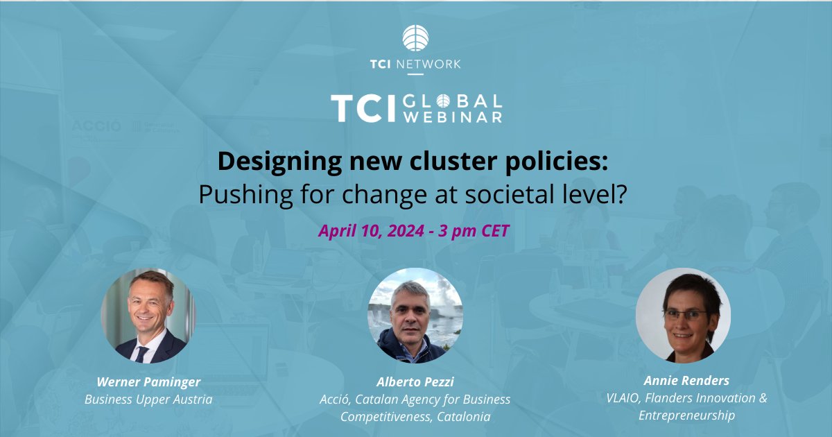 Delighted to be attending the @tcinetwork webinar on designing new cluster policies today with great interventions from @WernerPamminger Business Upper Austria; @RendersAnnie @VLAIO_be and @albertopezzi @accio_cat with a special guest appearance from TCI President @meret_nielsen