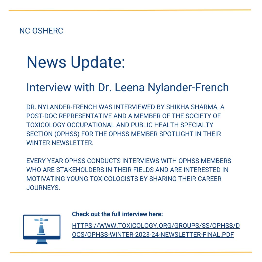 Take a second to read about Dr. Nylander-French interview with the Society of Toxicology Occupational and Public Health Specialty Section (OPHSS)! @UNCpublichealth