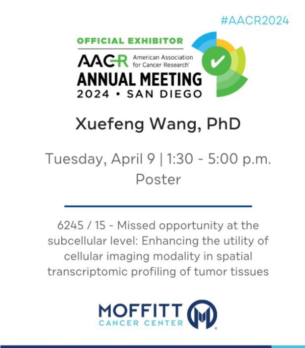 Our team effort with @song_xiaofei and @UrogerliMD integrates imaging and transcriptomic from GeoMx, highlighting the sweet ‘spot’ at the sub-cellular level. Thrilled to have many people stopped by, including the @joebeechem @nanostringtech 

#spatialOmics 
#MoffittAACR24 @AACR