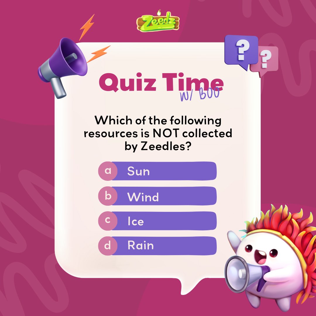 It's Quiz Time with BOO! 🌟 🌿 Which of these resources do Zeedles NOT collect? Share your answer in the comments and let’s see who knows their Zeedles best! 🧠✨ #zeedz #QuizTimewithBoo #nftgaming #web3