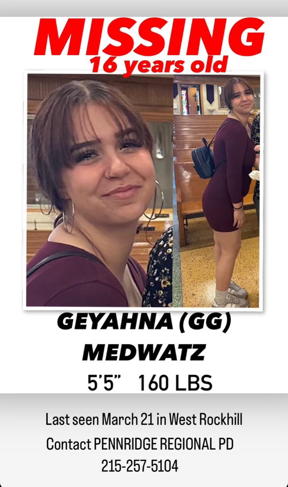KtConcoctions's tweet photo. @6abc Geyahna Medwatz,16, left home in Sellersville area on 3/21. She was last seen in Southwest Philly in the vicinity of the airport on Friday 3/29 in gray sweatpants&amp;dark hoodie. Pls contact police with any info. 215-257-5104. #MissingJuvenile #FindGeyahna #PleaseShare #Philly https://t.co/NNJSVIXMFx