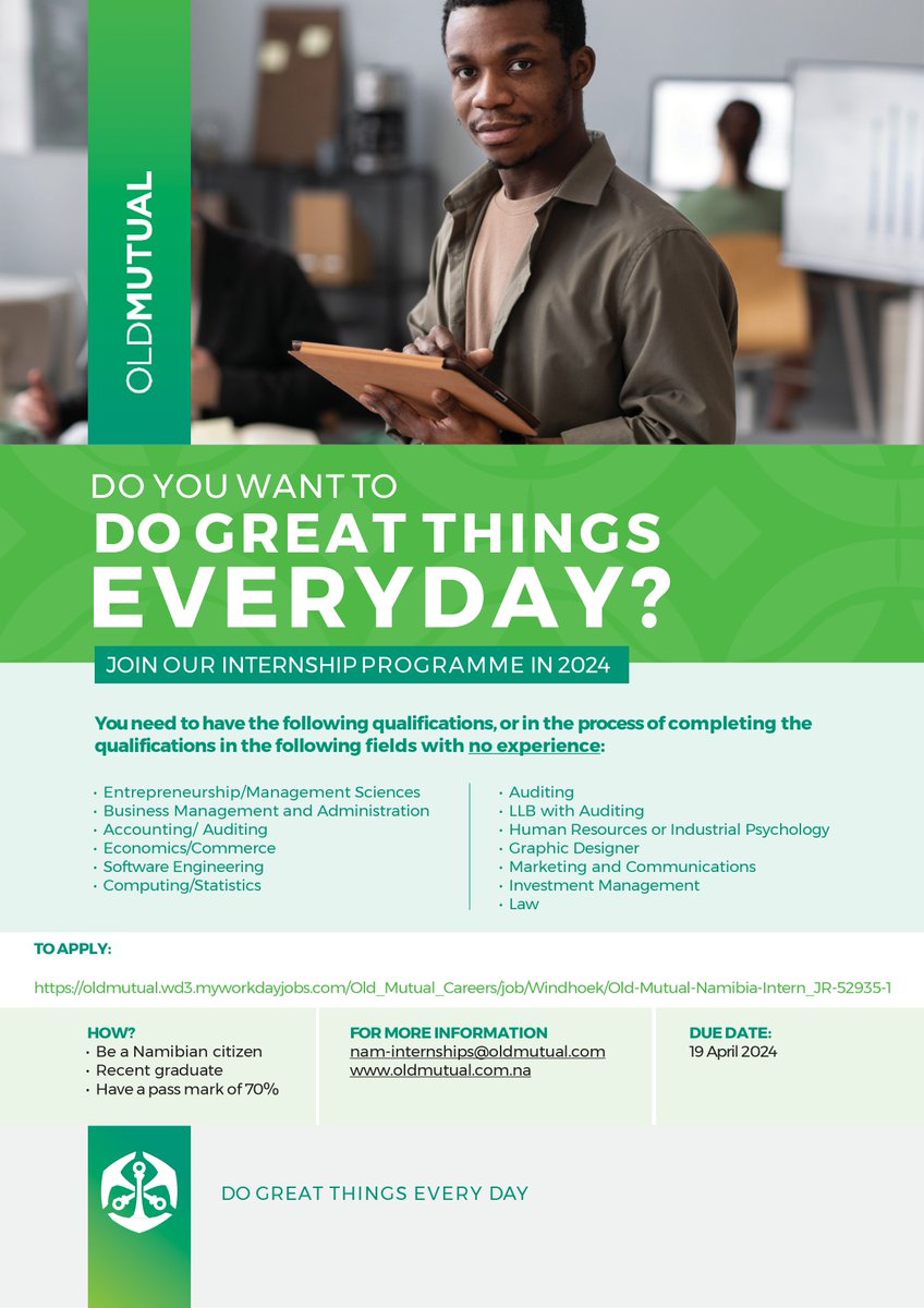 Join Old Mutual Namibia's 2024 Internship Programme! Whether you're in Entrepreneurship, Accounting, Software Engineering, or Marketing, we're looking for passionate individuals to embark on this journey with us. Be a part of something bigger. Apply now: oldmutual.wd3.myworkdayjobs.com/Old_Mutual_Car…