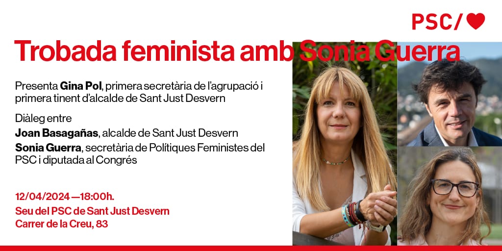 Divendres @SonyaGuerraLpz i @joanbasaganyas dialogaran sobre #feminisme a la nostra seu de #SantJust a les 18:00 hores amb la presentació de @ginapol. Us hi esperem! Carrer de la Creu, 83. @PSCBaix #aratocailla #AraTocaCatalunya