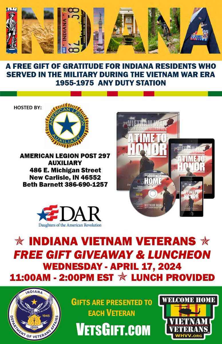 Join the American Legion Auxiliary for their Open House to honor Vietnam Veterans in Indiana. Free gifts and special recognition for those who served. #IndianaVeterans #ATimeToHonor