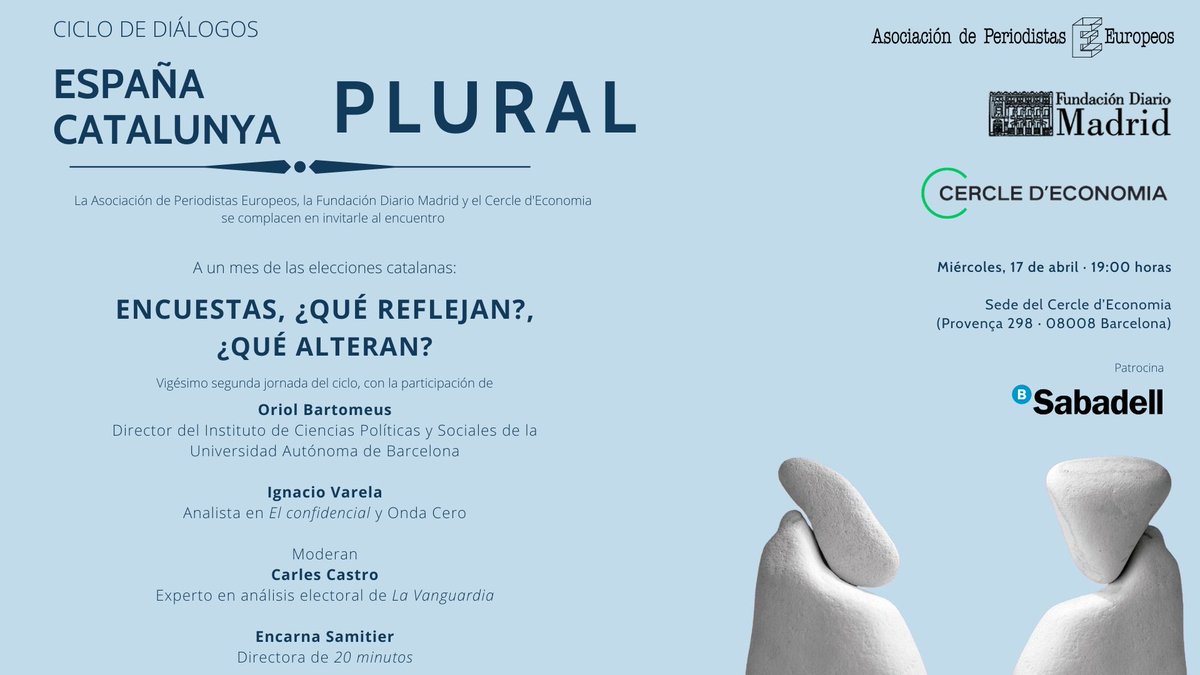 Un ciclo de diálogos imprescindible. Organizado por la ⁦@apeuropeos⁩ ⁦@CdEconomia⁩ y la Fundación Diario de Madrid. Esta vez ⁦@obartomeus⁩ y ⁦@ivarelad⁩ debatirán sobre qué reflejan y qué alteran las encuestas. El miércoles 17 de abril en Barcelona.