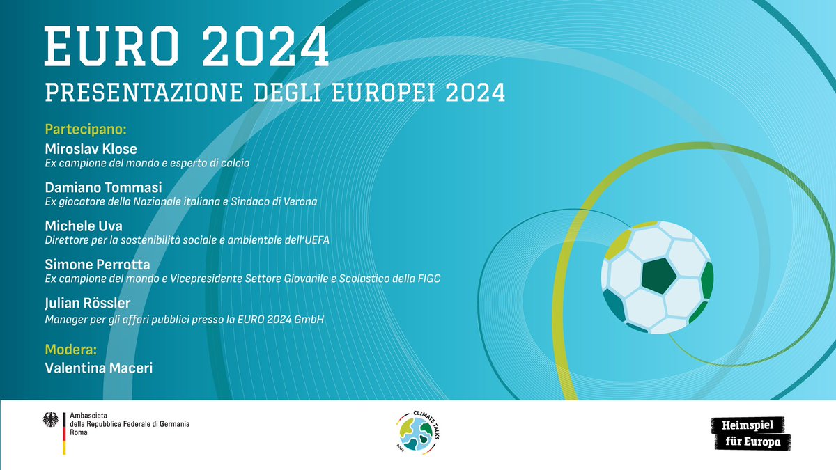 Uniti dal calcio. Uniti nel ❤️ dell’Europa - abbiamo presentato oggi gli Europei #EURO2024 Grazie a Michele Uva, Julian Rössler, Miro Klose, Simone Perrotta, Damiano Tommasi e Valentina Maceri! In tempi non facili il calcio che unisce i popoli è più importante che mai!