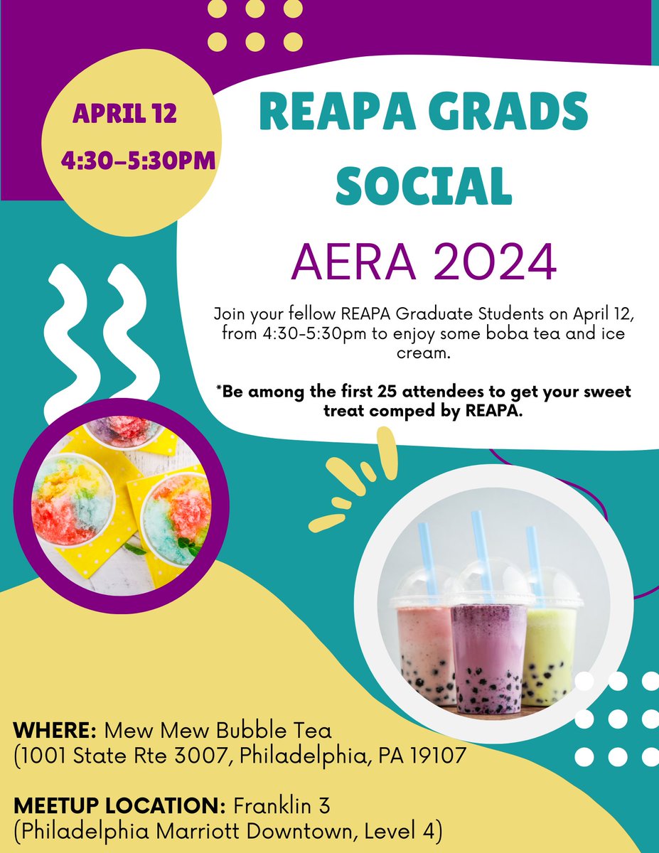 Going to AERA and need to take a break? Join your REAPA Grad reps this Friday, April 12, 2024 for a boba social!

Meet up at Franklin 3 at 4:20pm.

First 25 attendees will get their boba covered by REAPA. Free boba and a good time? Who’s in!