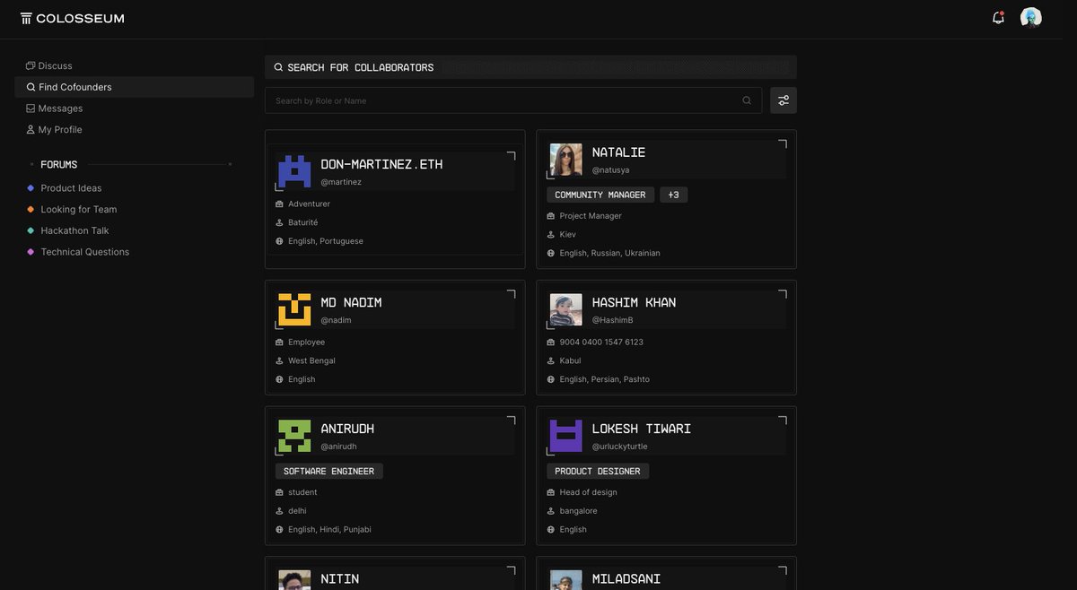 Unlike previous @Solana hackathons, the platform where we administer the competition will remain open. Builders can create a Colosseum profile at any time to search the directory for potential cofounders, discuss product ideas in the forum, and prepare for the next hackathon.🏟️