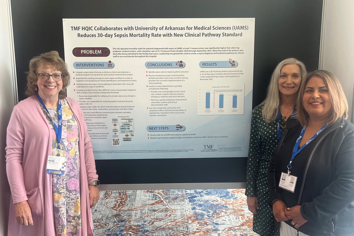 We are proud to recognize the work @uamshealth  achieved working w/ TMF's Hospital Quality Improvement Contractor team to lower its sepsis mortality rate. @uamshealth created a sepsis diagnosis and treatment pathway for clinical staff to use. bit.ly/4atiQYt #QualCon24