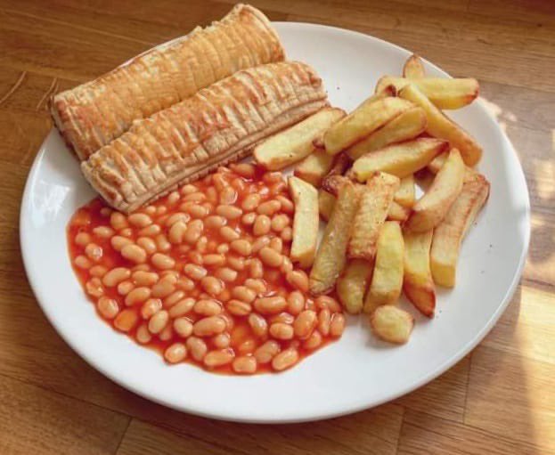 Sausage Roll, Chips and Beans