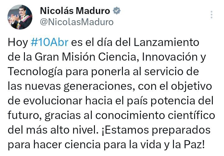 #10Abril. Hoy es el Día Lanzamiento de la Gran Misión Ciencia, innovación y Tecnología..Seguimos Avanzando Y Venciendo Amor Con Amor Se Paga #CaigaQuienCaiga @NicolasMaduro @dcabellor @AdolfoP_Oficial @LuisJonasReyes @angelrojito @LuisanaPress @PartidoPSUV @PsuvIribarrenVe