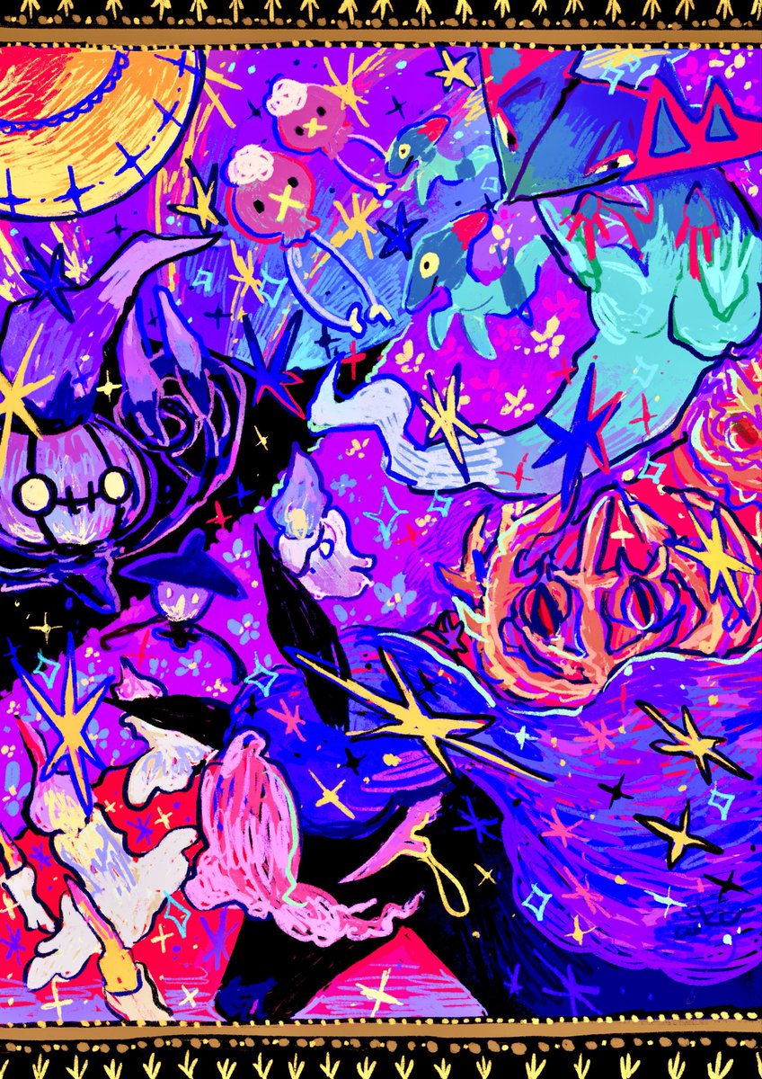 chandelure ,litwick smile open mouth yellow eyes star (symbol) pokemon (creature) sparkle no humans  illustration images