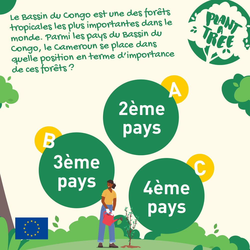 La place du Cameroun parmi les pays du Bassin du Congo As-tu la bonne réponse ? Les 2 premiers et les 2 derniers avec le maximum de likes et commentaires gagnent Soyez les super-héros verts de notre écosystème ! Fin du jeu : 11 avril à 17h #PlantonsDesArbres #ForOurPlanet