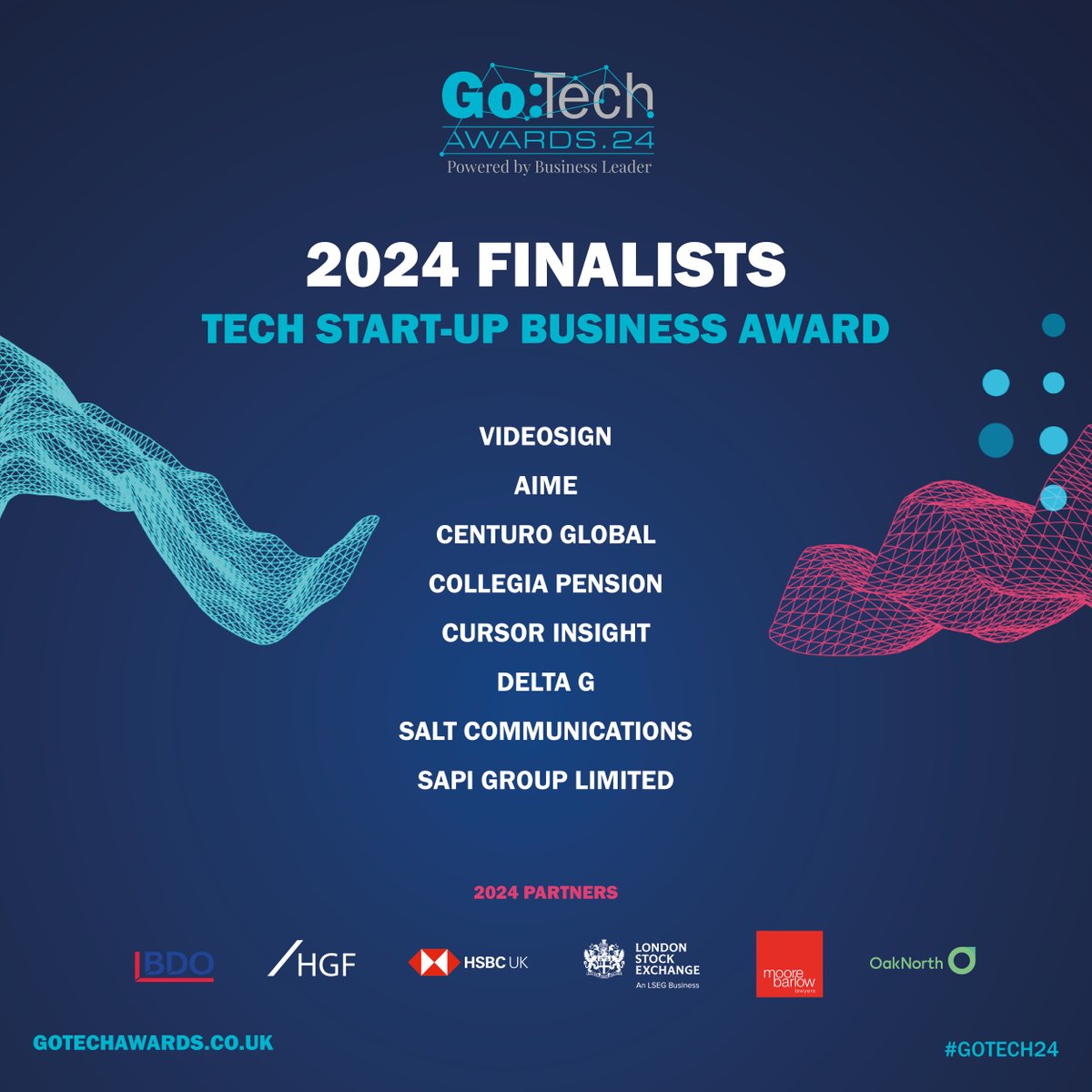 GoTechAwards's tweet image. Congratulations to the finalists for the Tech Start-Up Business Year Award! 👏

@VideosignLtd @AIMEGLOBAL @CenturoGlobal Collegia Pension @cursorinsight Delta g @saltcontrol @SAPIgroup

#GoTech24 powered by @businessleader