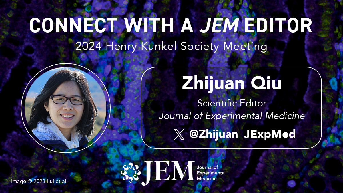 Interested in submitting your work in the areas of thymus, T cell development, & inborn errors, to JEM? Get in touch w/ our Scientific Editor Zhijuan Qiu @Zhijuan_JExpMed who will be attending the Henry Kunkel Society meeting in NYC! See our collection ➡️ hubs.la/Q02sjHlP0