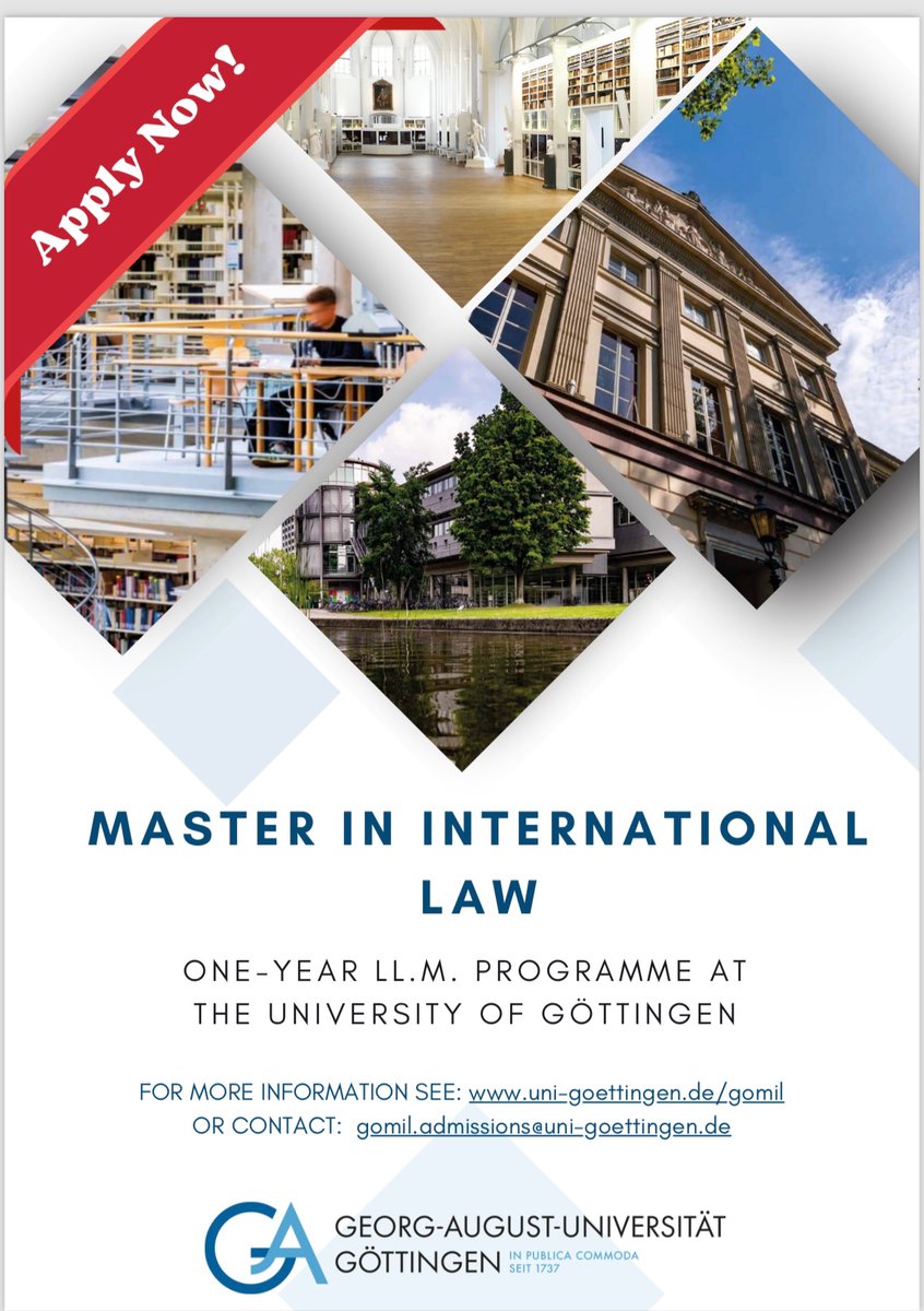 My almer mater @uniGoettingen @JurFakultaetGoe is accepting applications for its inaugural academic year for the Göttingen Master of International Law (GOMIL)! This is a 1 year master’s degree program( in English). Deadline to apply is 1/5/2024 and classes begin on 1/10/2024!