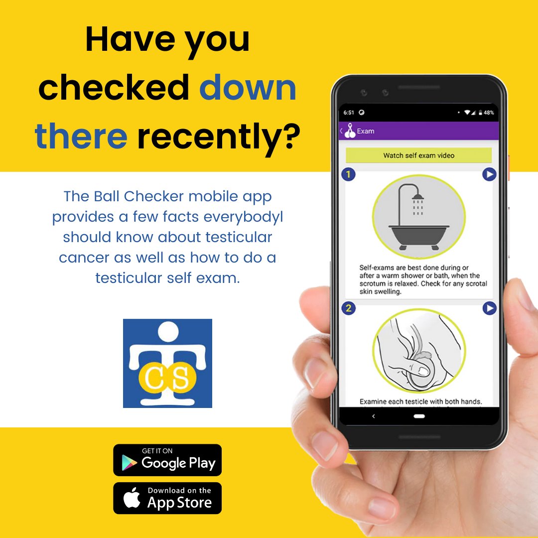 The Ball Checker mobile app provides a few facts every guy and girl should know about testicular cancer as well as how to do a testicular self exam. You can download the Ball Checker app from Google Play or the App Store. Go to testicularcancersociety.org #TesticularCancer