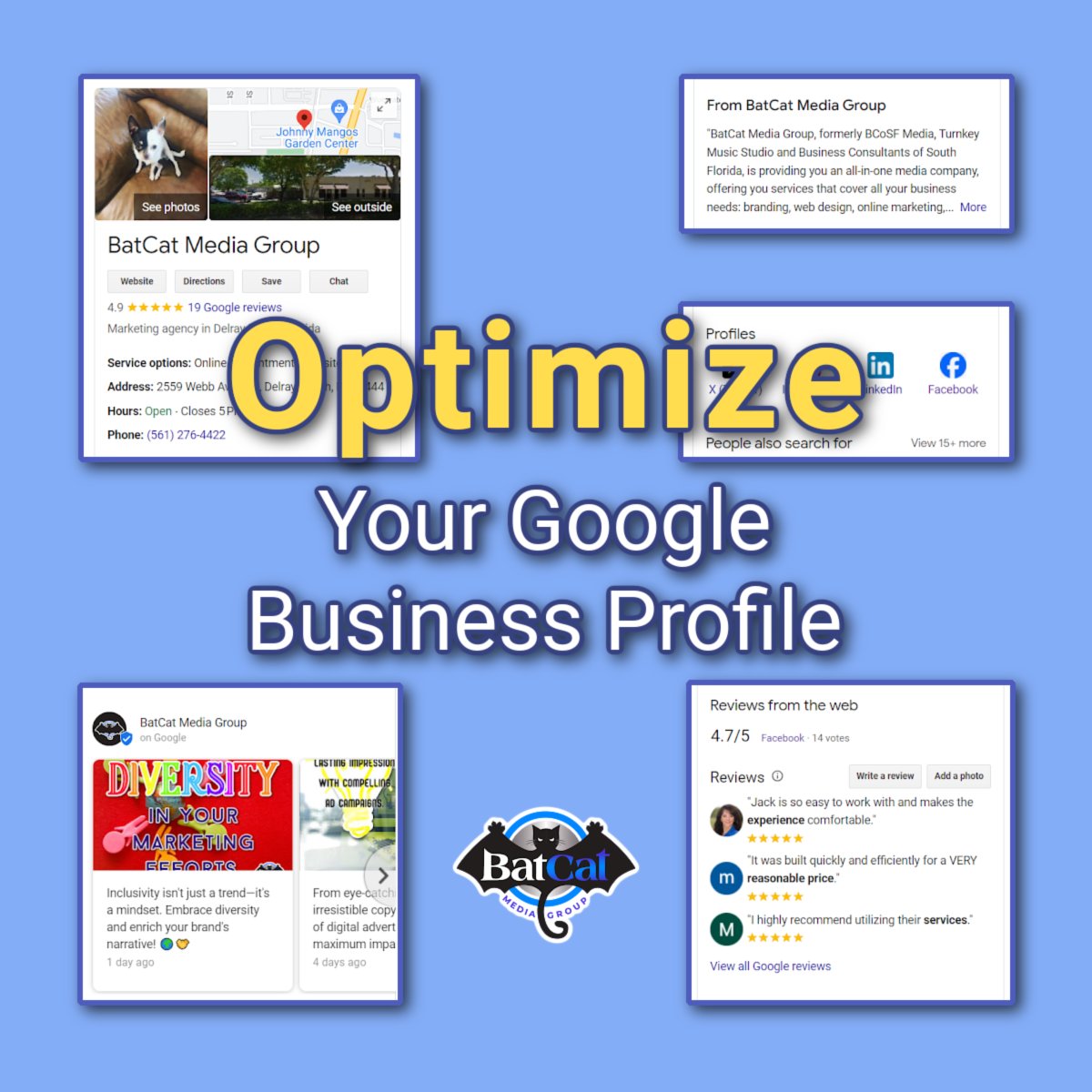 Is your Google Business Profile optimized for local searches? 📍 Make sure your business information is complete and up-to-date to improve your visibility online!  💼 #BatCatMediaGroup #LocalSEO
