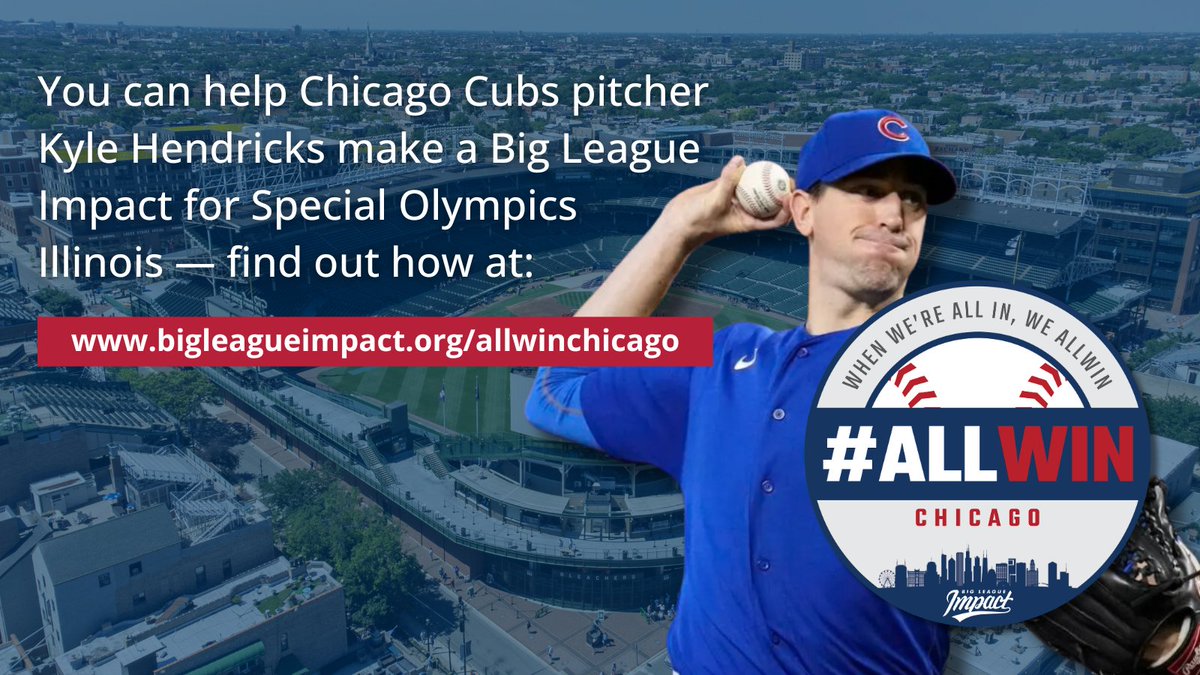 Go ALL IN on #givingback with pitcher Kyle Hendricks! With every #Cubs win, he'll donate to @SO_Illinois & their efforts to serve athletes w/ intellectual disabilities. Learn more & find out how Chicago fans can get involved at bigleagueimpact.org/allwinchicago. #ALLWIN #YouHaveToSeeIt