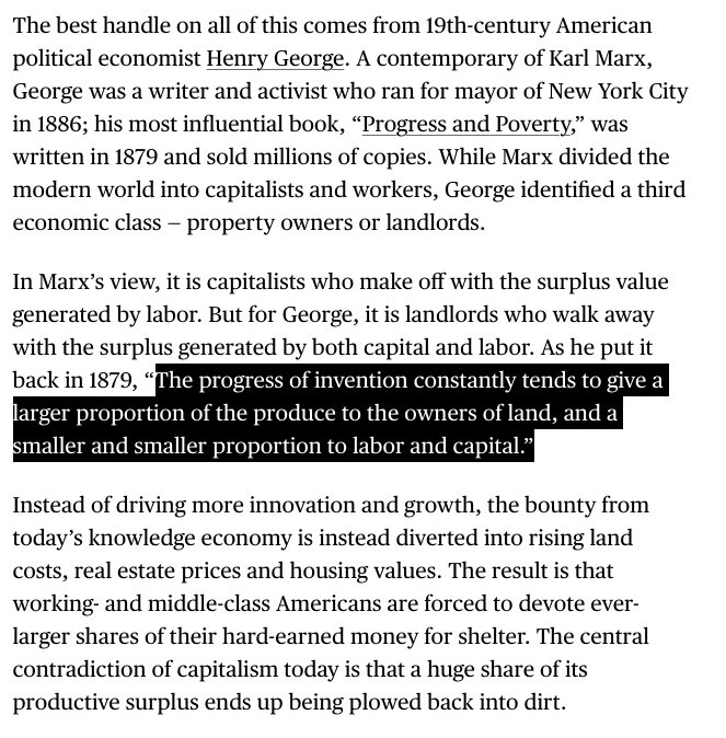 "Instead of driving more innovation and growth, the bounty from today’s knowledge economy is instead diverted into rising land costs... The result is that working- and middle-class Americans are forced to devote ever-larger shares of their hard-earned money for shelter. The