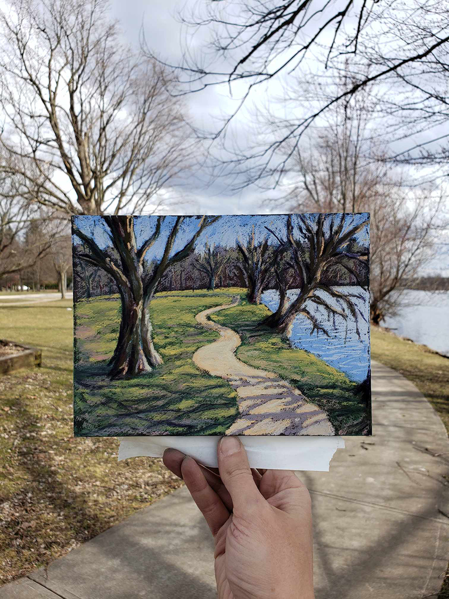 Spring Walk, plein air pastel (at Ives Park in Potsdam). Artist: Catherine LaPointe-Vollmer, Potsdam, NY.  Artwork of the Week ( #ncprartwork ) is supported by Downtown Artist Cellar: downtownartistcellar.com