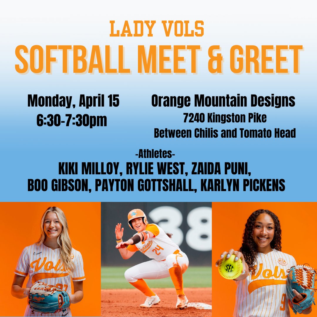 Get ready for our Lady Vols Softball MEET & GREET! 🥎 Come to Orange Mountain Designs on Monday 4/15 at 6:30 pm for photos & autographs from these talented athletes 🍊 @rylie.lillie @kikimilloy @zaidapunii @karlynpickens @_mckennagibson_ @p.gott