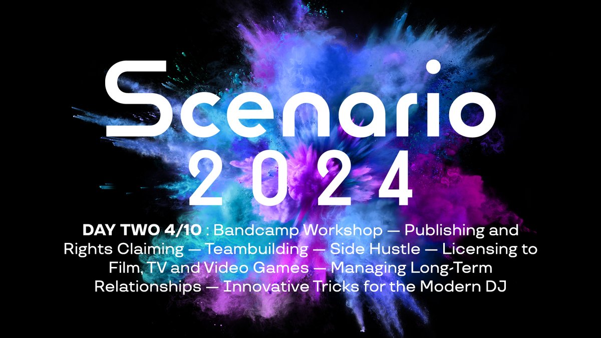 SCENARIO 2024 Day Two @RegentTheaterLA. Today's workshops: Bandcamp Workshop — Publishing and Rights Claiming — Teambuilding — Side Hustle — Licensing to Film, TV and Video Games — Managing Long-Term Relationships — Innovative Tricks for the Modern DJ scenario2024.com/conference