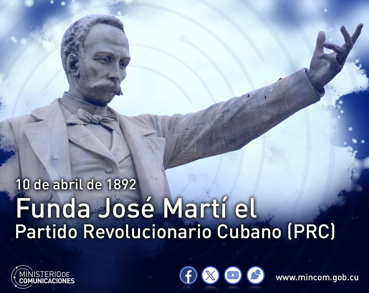 El 10 de abril de 1892, #JoséMartí declaró constituido el Partido Revolucionario Cubano (PRC). El partido surgía para impedir por todos los medios posibles que surgiera la guerra “como empresa personal que mueva a celos a los rivales descontentos”. #CubaViveEnSuHistoria