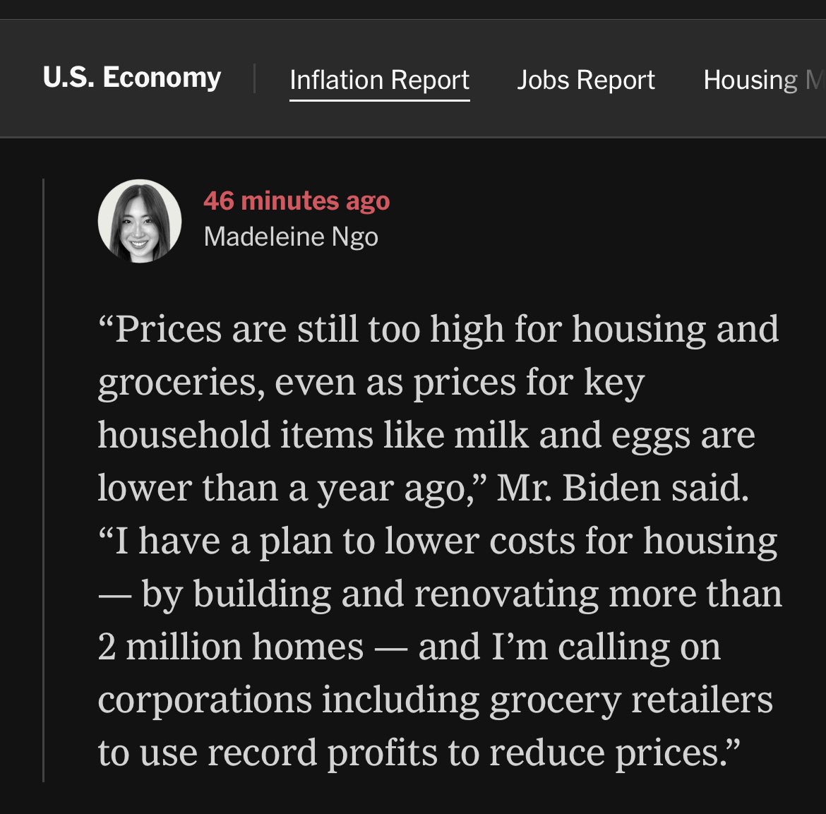 a counterintuitive but CPI inflation reaction worth reading from @juliaonjobs as laid out by @lydiadepillis + the @WhiteHouse reaction, connecting today's hot numbers to corporate profits, which are at a record high.