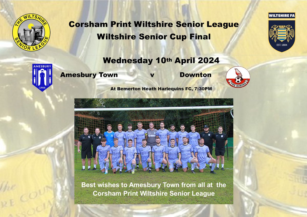 Best wishes from all at the @corshamprint Wiltshire Senior League to @AmesburyFc for tonight's @WiltsCountyFA Senior Cup Final. A preview of tonight's game can be found on the League website: wiltshireseniorleague.co.uk/24-04-10wsc-pr…