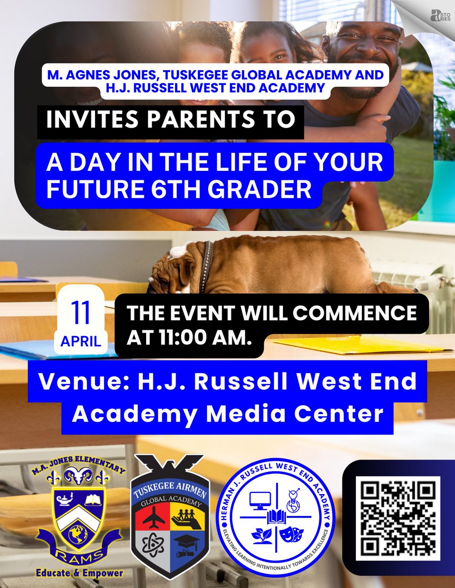 Reminder: M. Agnes Jones, Tuskegee Airmen Global Academy, and H.J. Russell West End Academy invite parents to 'A Day in the Life of Your Future 6th Grader' on April 11th at the H.J. Russell West End Academy Media Center. (TIME: 11AM).