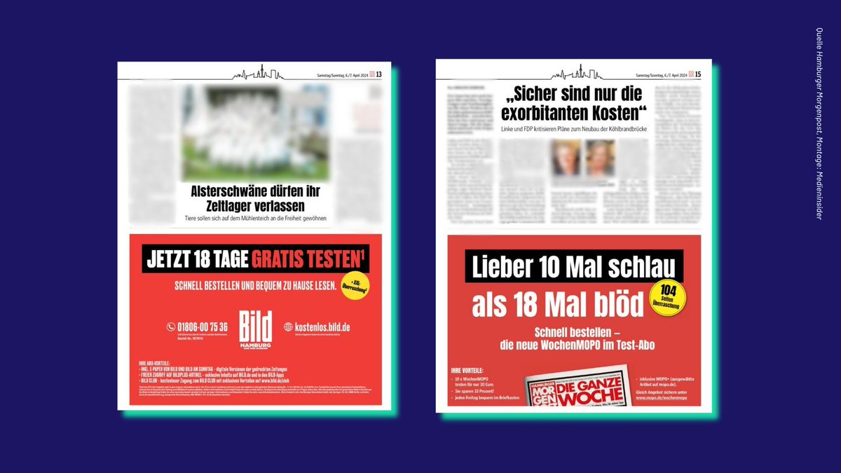 Schwindet die Vielfalt im Journalismus, schwindet auch die Rivalität im Medienmarkt – und die kann nicht nur durchaus befruchtend, sondern auch unterhaltsam sein. Das zeigt ein Scharmützel von @BILD und @mopo medieninsider.com/kw-15-2024/211…