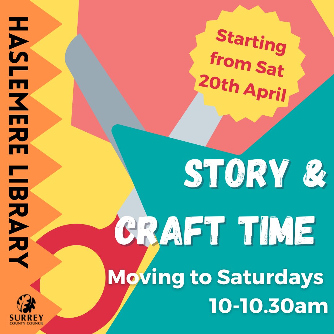 #StoryandCraftTime is moving to Saturdays!

We will read up to three picture books followed by a quick craft/colouring in session.

#FreeEvent - no need to book, just grab a ticket at the Help Desk from 9.30am on the day.

@SurreyLibraries #HaslemereLibrary #Haslemere