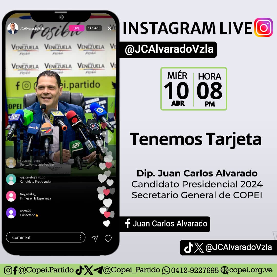 #10Abril Hoy estaré ¡En VIVO! A través de mi cuenta en Instagram @JCAlvaradoVzla porque tenemos tarjeta señores y ahora lo que nos toca es ponernos las alpargatas, que lo que viene es Joropo. ¡Los espero esta noche, 8:00pm! #PorLaVenezuelaPosible